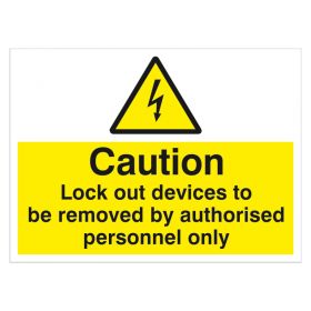 10 x Adhesive Labels - 'Caution - Lock Out Devices to Be Removed'